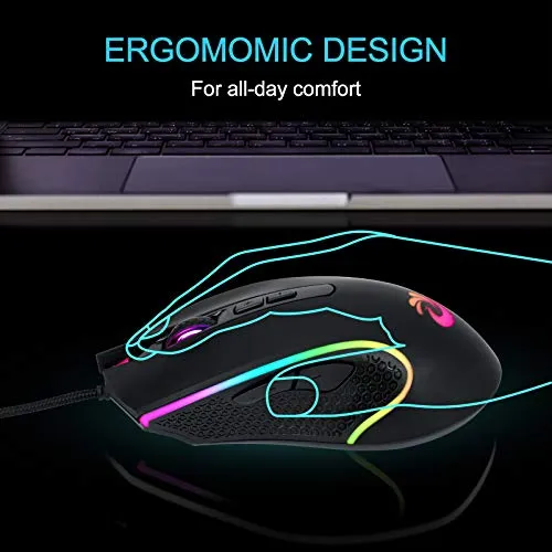 aMZCaSE Wired Mouse - Black, USB, 7200 DPI, 4 Lighting Mode, Plug and Play, Ergonomic Design, Compatible with Windows/Mac