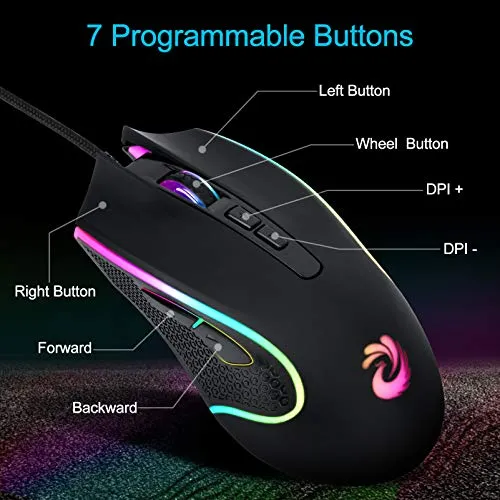 aMZCaSE Wired Mouse - Black, USB, 7200 DPI, 4 Lighting Mode, Plug and Play, Ergonomic Design, Compatible with Windows/Mac