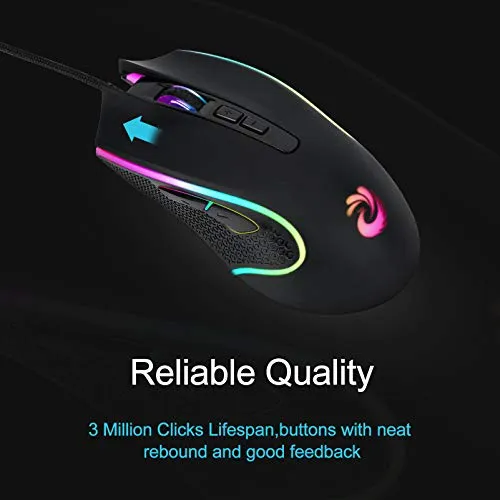 aMZCaSE Wired Mouse - Black, USB, 7200 DPI, 4 Lighting Mode, Plug and Play, Ergonomic Design, Compatible with Windows/Mac