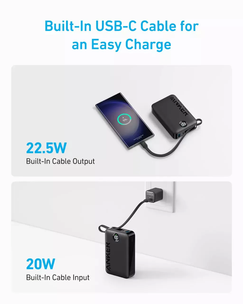 Anker Power Bank (20,000mAh, 22.5W, Built-In USB-C Cable)