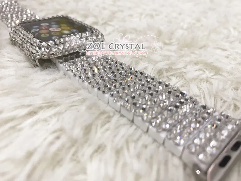 Apple Watch BEDAZZLED  Bling Clear white Swarovski Crystal Case Protector Cover with a Luxury White Rhinestone iWatch Band Strap