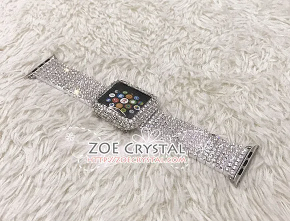 Apple Watch BEDAZZLED  Bling Clear white Swarovski Crystal Case Protector Cover with a Luxury White Rhinestone iWatch Band Strap