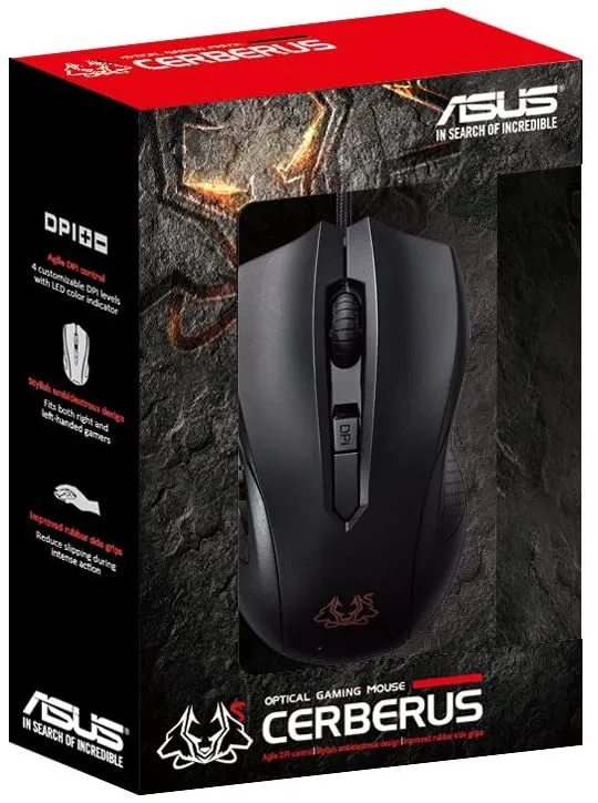 ASUS Cerberus Optical Gaming Mouse | Ambidextrous Controls for Left & Right Handed Gamers | Wired Mouse for PC | 6 Buttons | Sweatproof and Slip-Resistant Design