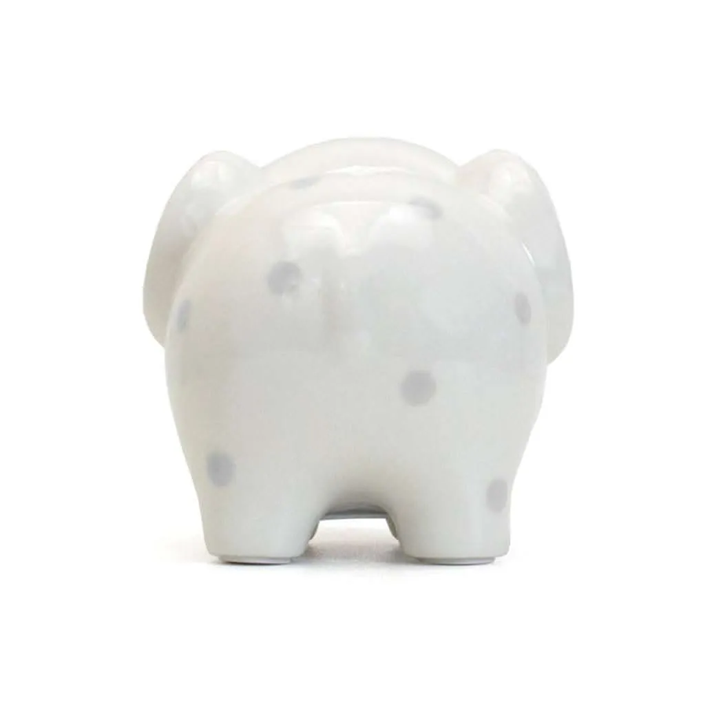 Child to Cherish White with Grey Polka Dots Elephant Bank