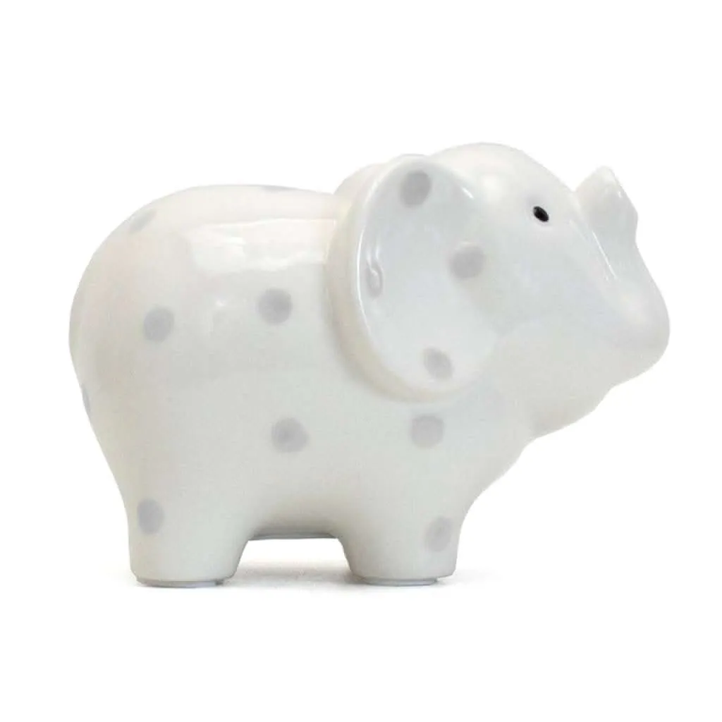 Child to Cherish White with Grey Polka Dots Elephant Bank