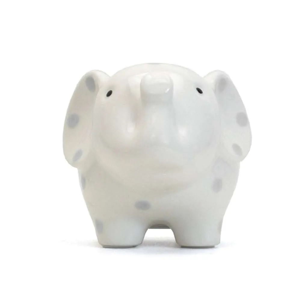 Child to Cherish White with Grey Polka Dots Elephant Bank