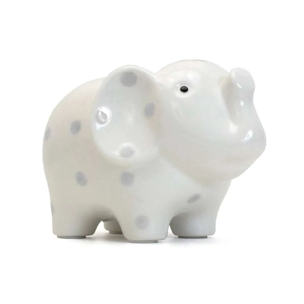 Child to Cherish White with Grey Polka Dots Elephant Bank