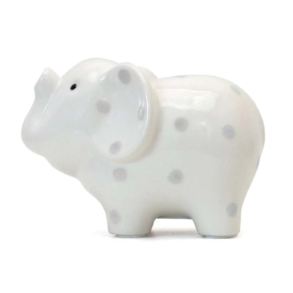 Child to Cherish White with Grey Polka Dots Elephant Bank