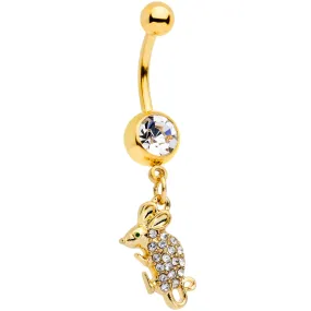 Clear Aqua Gem Gold Tone Mouse Dangle Belly Ring