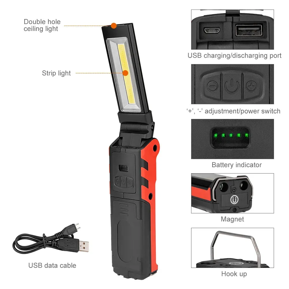 COB LED Work Light Dimmable USB Rechargeable LED Flashlight Inspection Lamp With Magnetic Hook Power Bank 18650 Battery Torch