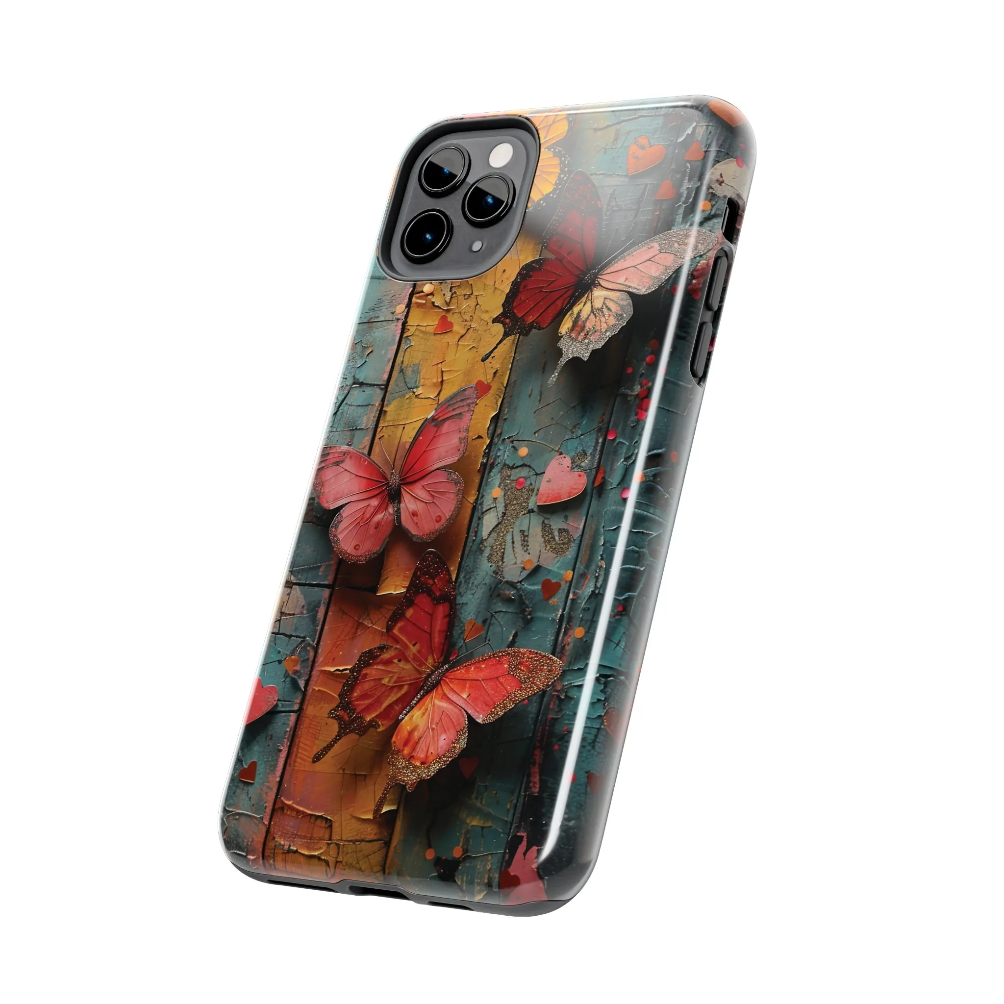 Colorful Butterfly Art on Wood texture design iPhone Case iPhone Case, Colorful Butterfly Art Protective Phone Cover, Durable Phone Accessory Gift, Chic Artsy Protective Cover, Protective Case for iPhone Models, Tough iPhone Case