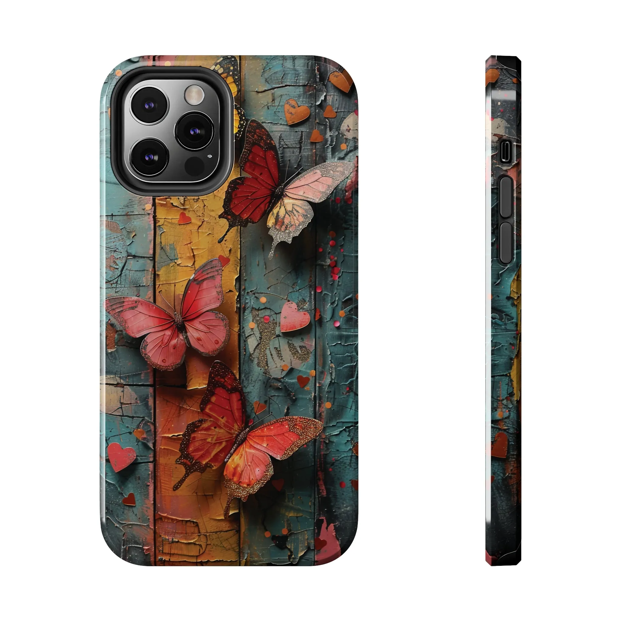 Colorful Butterfly Art on Wood texture design iPhone Case iPhone Case, Colorful Butterfly Art Protective Phone Cover, Durable Phone Accessory Gift, Chic Artsy Protective Cover, Protective Case for iPhone Models, Tough iPhone Case