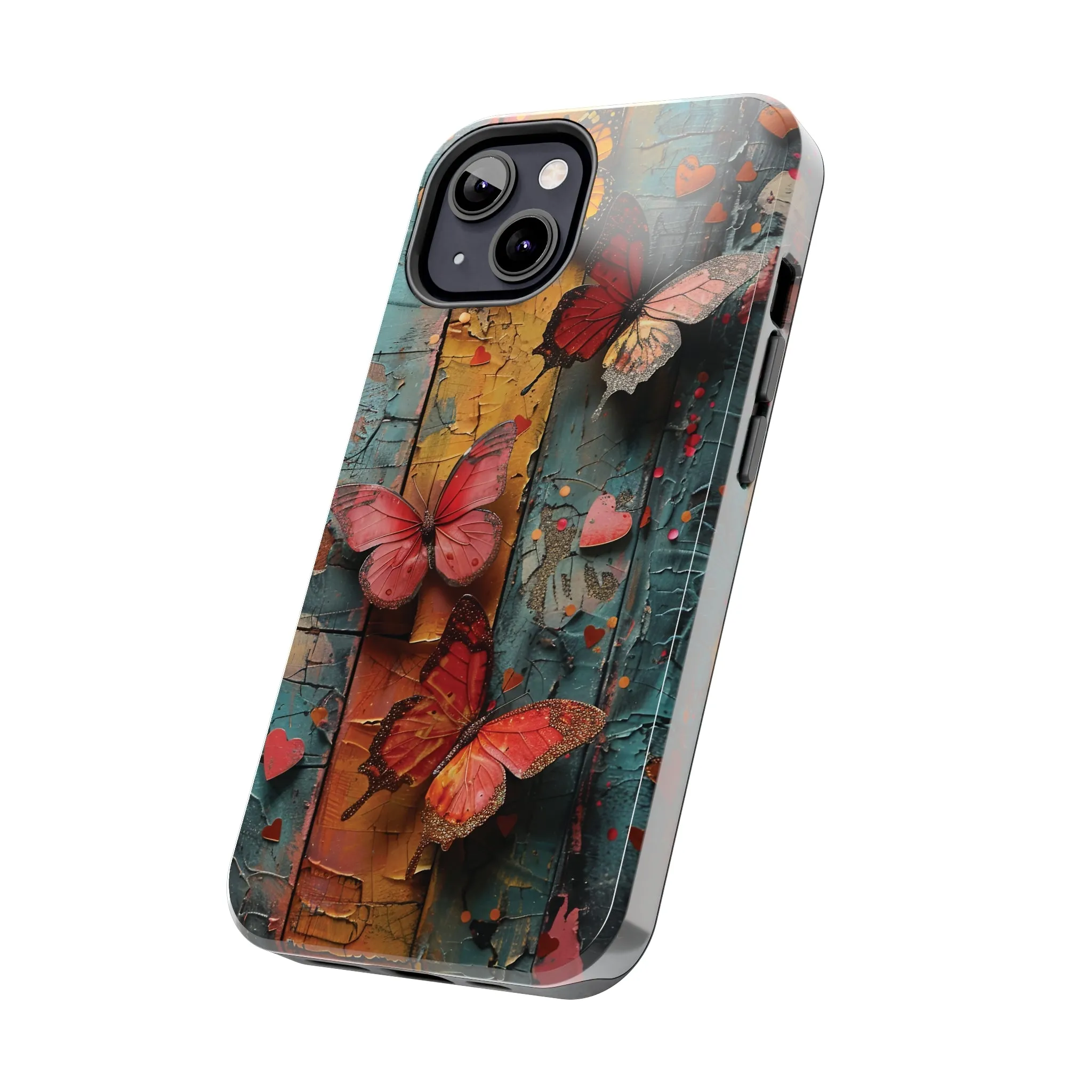 Colorful Butterfly Art on Wood texture design iPhone Case iPhone Case, Colorful Butterfly Art Protective Phone Cover, Durable Phone Accessory Gift, Chic Artsy Protective Cover, Protective Case for iPhone Models, Tough iPhone Case