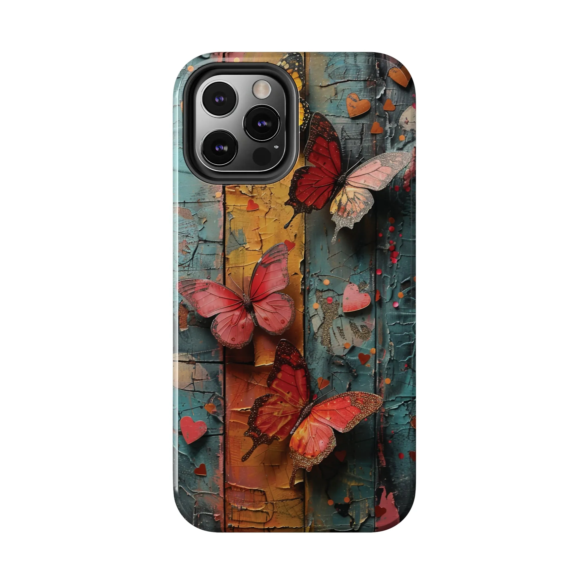 Colorful Butterfly Art on Wood texture design iPhone Case iPhone Case, Colorful Butterfly Art Protective Phone Cover, Durable Phone Accessory Gift, Chic Artsy Protective Cover, Protective Case for iPhone Models, Tough iPhone Case