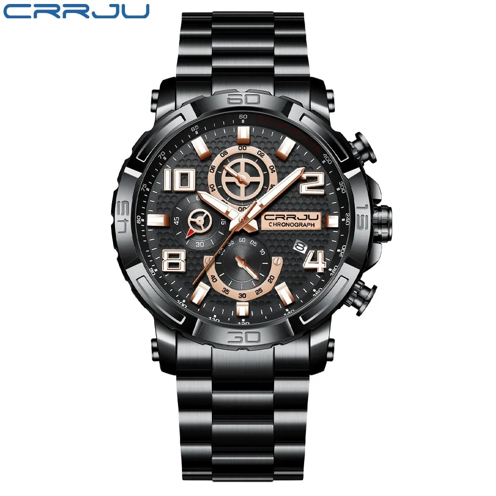 CRRJU Men Watches Big Dial Waterproof Stainless Steel with Luminous handsDate Sport Chronograph Watches Relogio Masculino