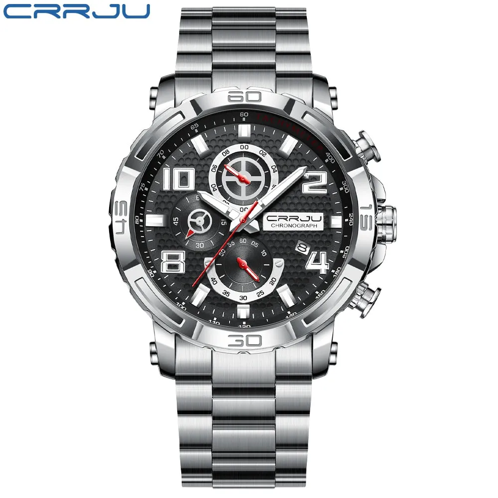 CRRJU Men Watches Big Dial Waterproof Stainless Steel with Luminous handsDate Sport Chronograph Watches Relogio Masculino