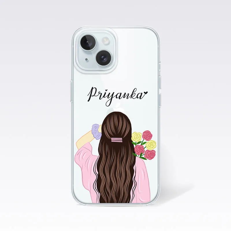 Cute Girl in Pink with Flower Custom Name Clear Silicon Cover