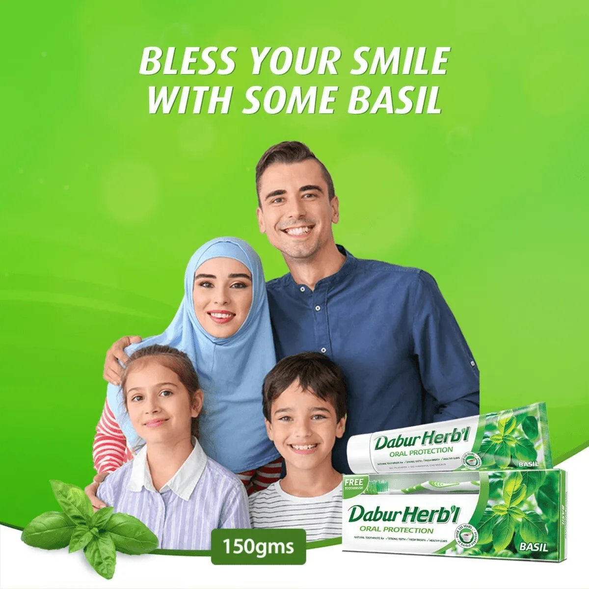 Dabur Herbal Basil Oral Protection Toothpaste With Tooth Brush Free - 150g