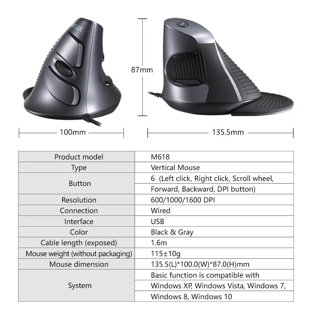 Delux M618BU Vertical Ergonomic Mouse: Wired mouse with palm rest and 6 buttons