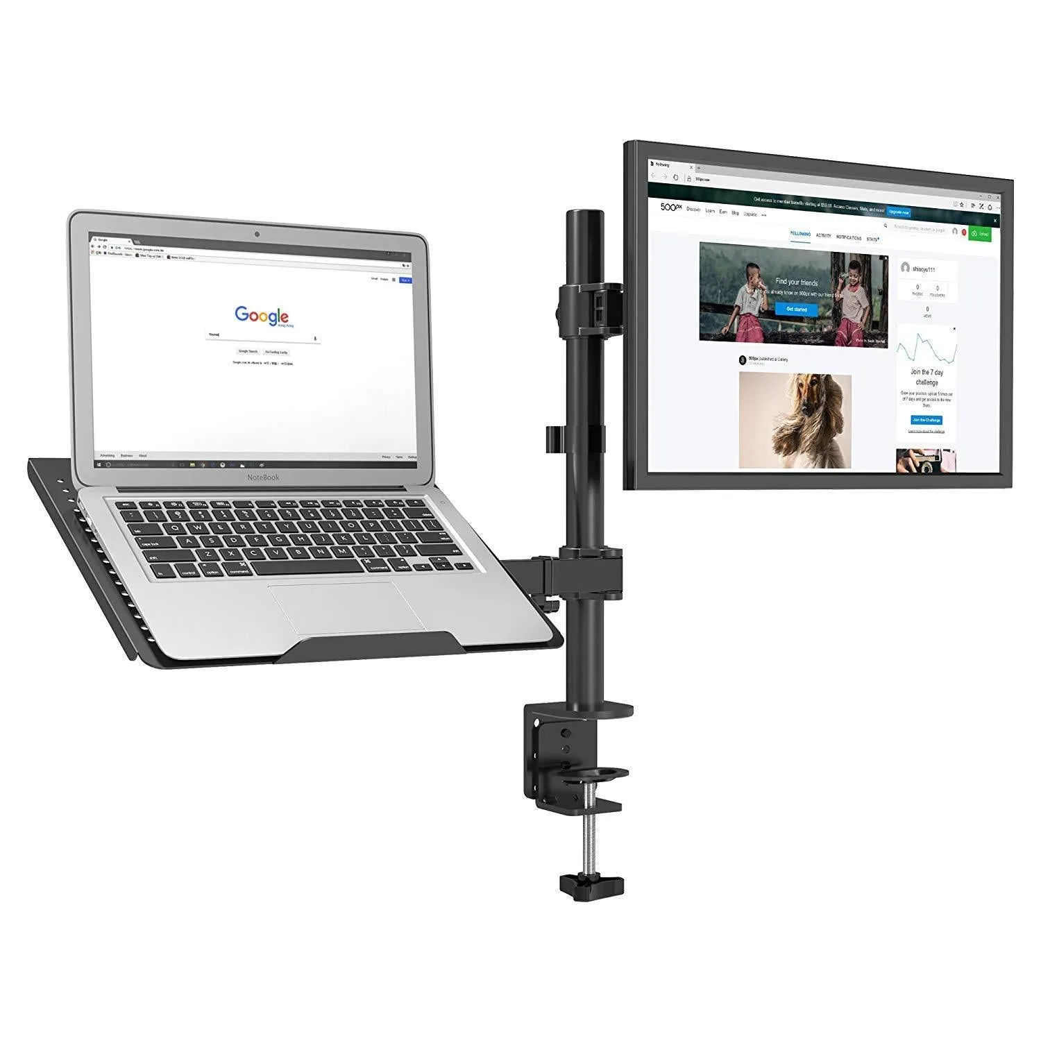 Desktop Dual LCD Laptop Mount Fully Adjustable Single Computer Monitor and Desk Combo Black Stand, 13" to 27" Screens RCLM