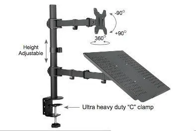 Desktop Dual LCD Laptop Mount Fully Adjustable Single Computer Monitor and Desk Combo Black Stand, 13" to 27" Screens RCLM