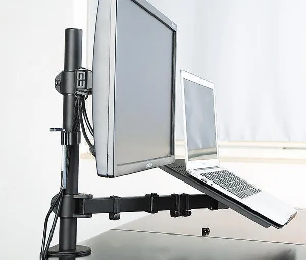 Desktop Dual LCD Laptop Mount Fully Adjustable Single Computer Monitor and Desk Combo Black Stand, 13" to 27" Screens RCLM