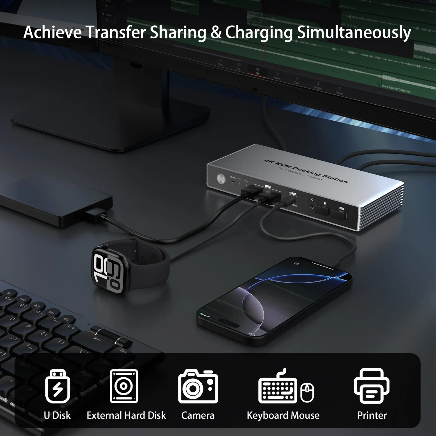 Dual Monitor KVM Switch Docking Station 4K@60Hz for 2 Computers (1 Desktop and 1 Laptop) Sharing Keyboard, Mouse, Video, USB and Audio Devices, With USB C 7.5W and 15W PD Downstream Charging, Support MST on Windows, SST on MacOS