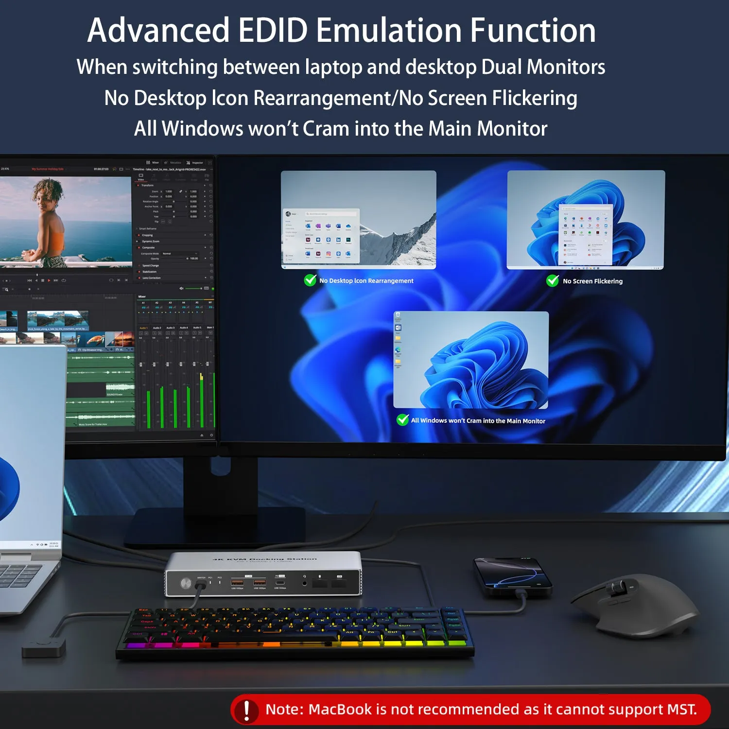 Dual Monitor KVM Switch Docking Station 4K@60Hz for 2 Computers (1 Desktop and 1 Laptop) Sharing Keyboard, Mouse, Video, USB and Audio Devices, With USB C 7.5W and 15W PD Downstream Charging, Support MST on Windows, SST on MacOS