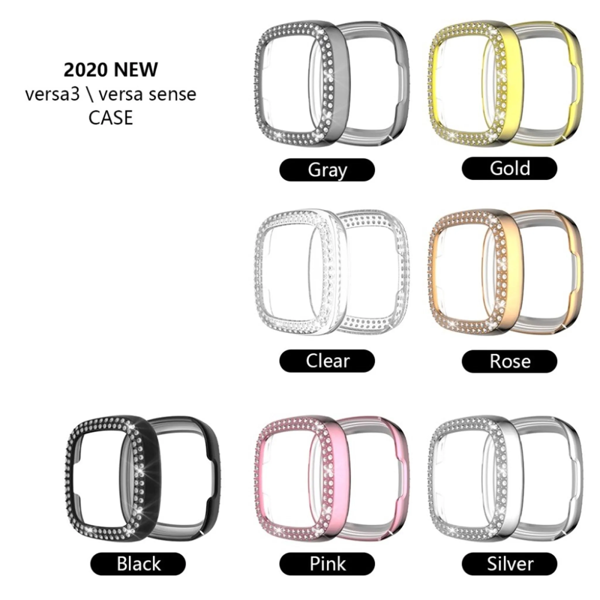 Fitbit Versa 3 / Sense dual-row rhinestone frame - Transparent / Pink