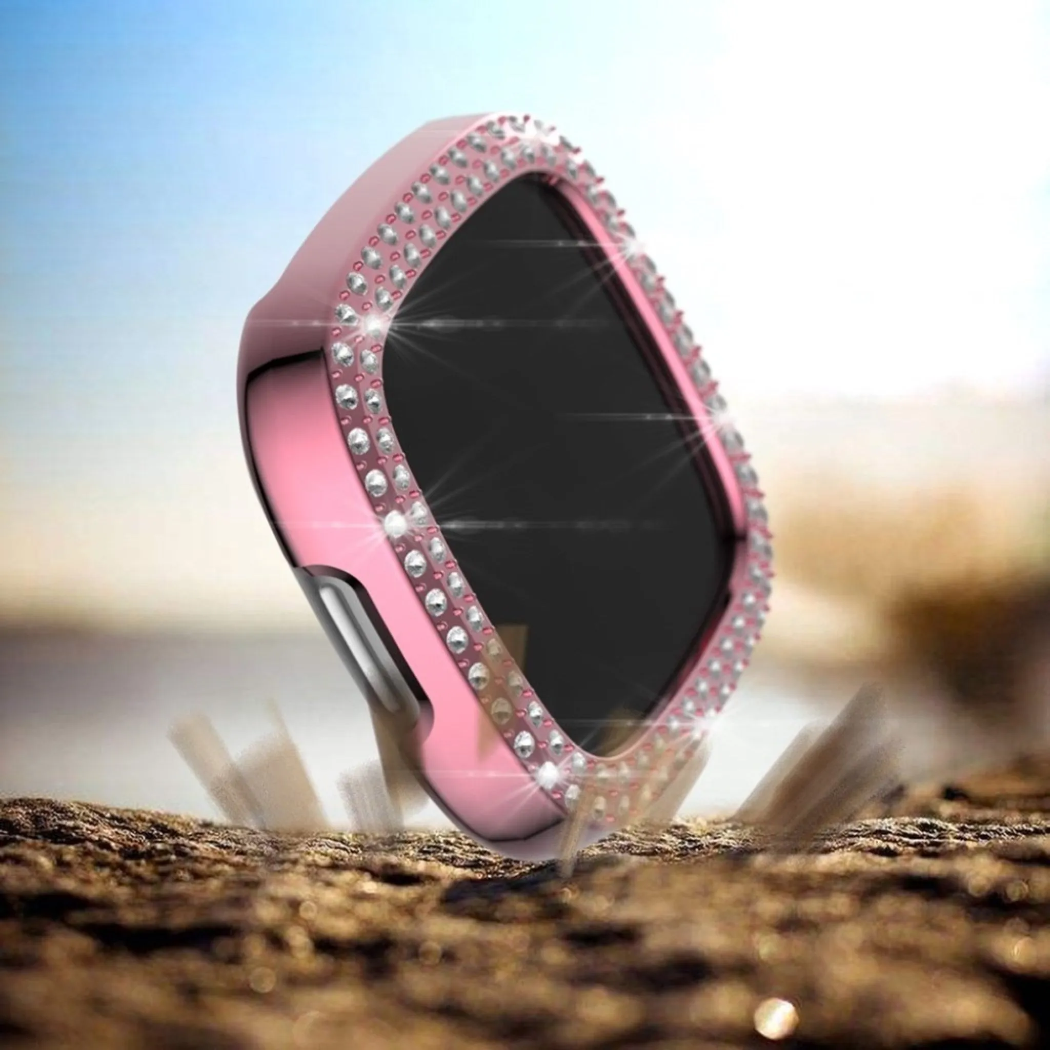 Fitbit Versa 3 / Sense dual-row rhinestone frame - Transparent / Pink