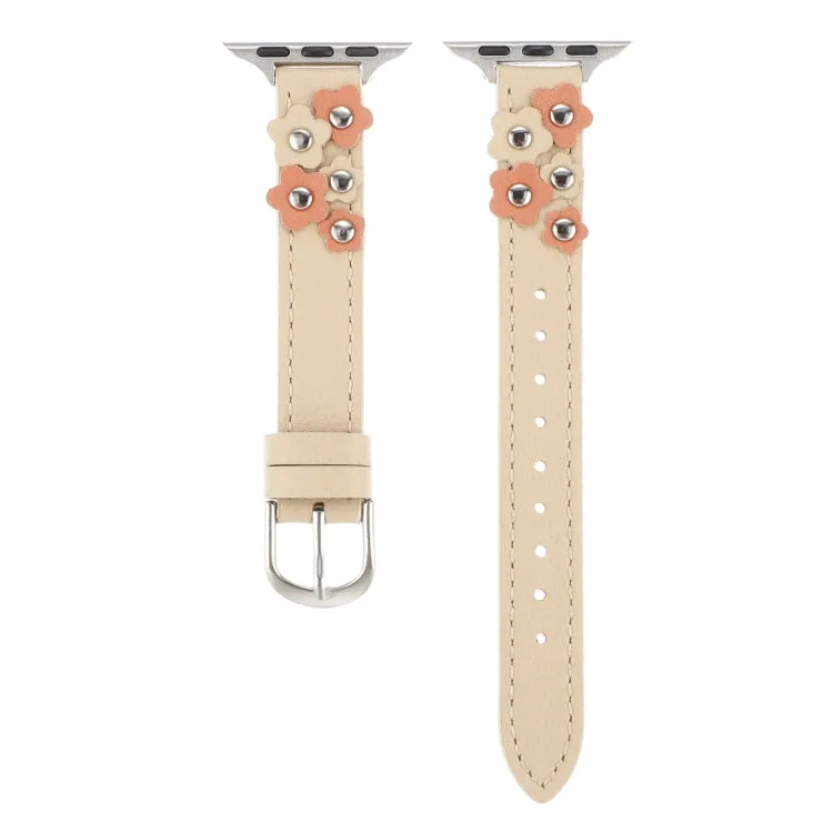 For Apple Watch Series 3 42mm Stitched Flower Leather Watch Band(Khaki)