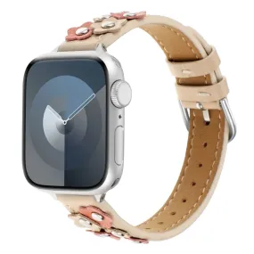 For Apple Watch Series 3 42mm Stitched Flower Leather Watch Band(Khaki)