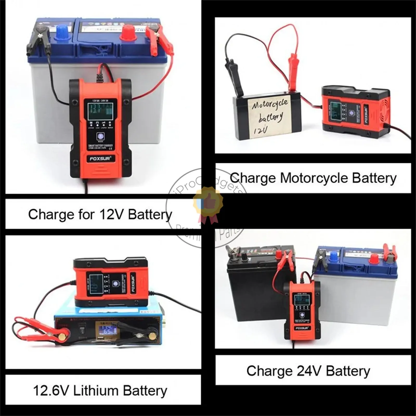 Foxsur 12V 24V 6A Car Battery Charger Pulse Repair 7-stage Charger for GEL WET AGM 12.6V Lithium LiFePO4 LiPo Battery