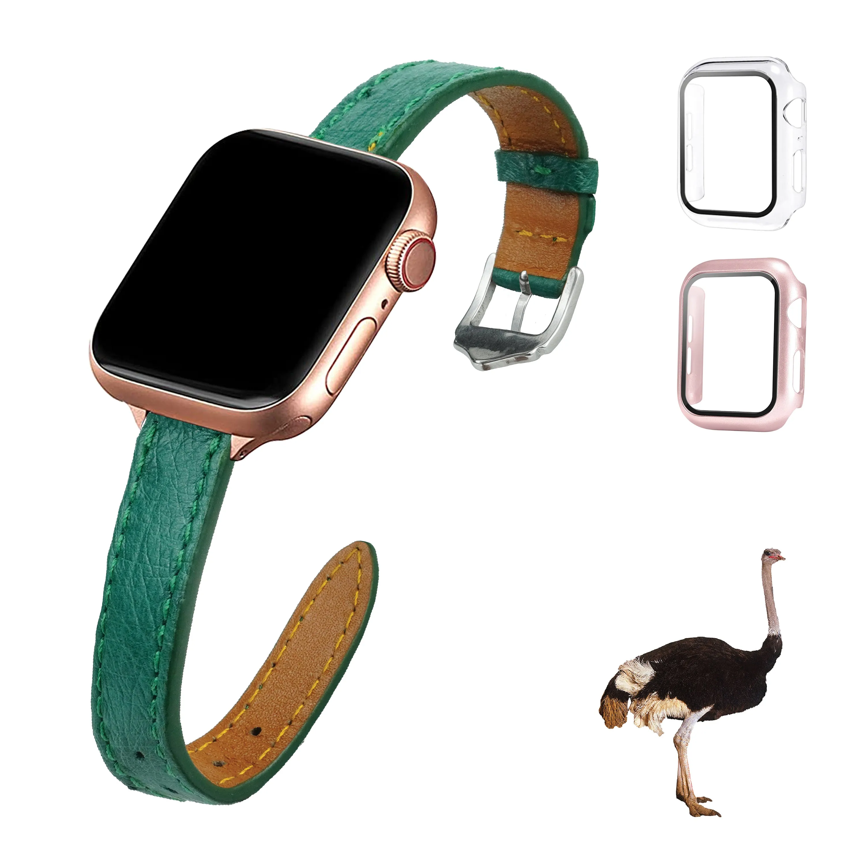 Green Flat Ostrich Leather Band Compatible Apple Watch Iwatch 45mm Screen Protector Case Silver Adapter Replacement Strap For Smartwatch Series 7 8 Leather Handmade AW-188S-W-45MM