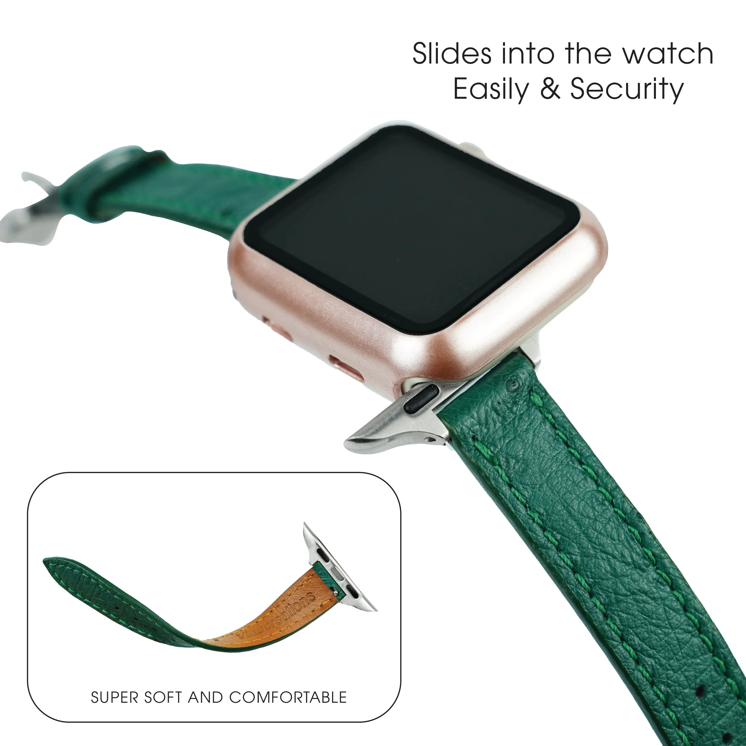 Green Flat Ostrich Leather Band Compatible Apple Watch Iwatch 45mm Screen Protector Case Silver Adapter Replacement Strap For Smartwatch Series 7 8 Leather Handmade AW-188S-W-45MM