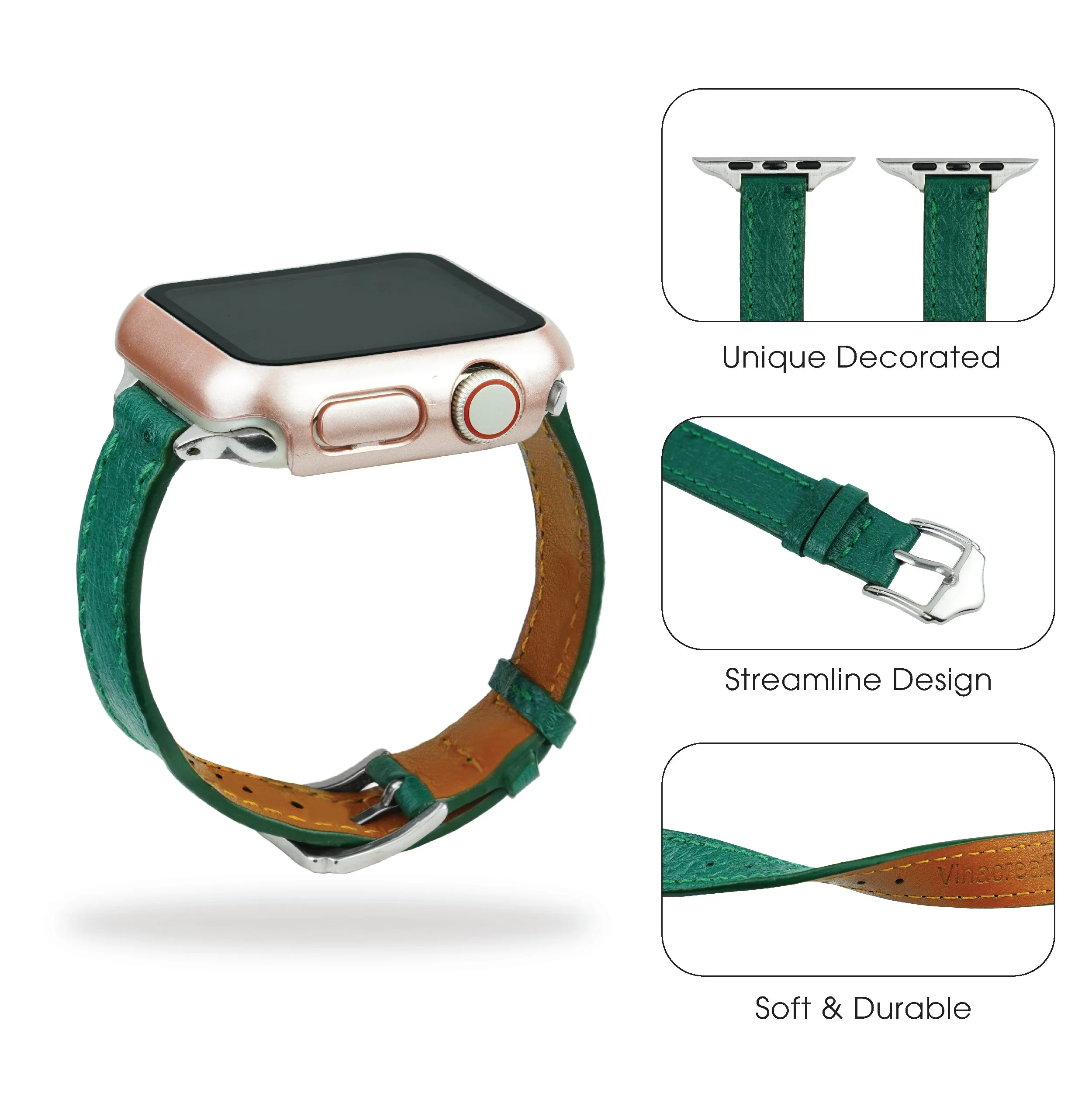 Green Flat Ostrich Leather Band Compatible Apple Watch Iwatch 45mm Screen Protector Case Silver Adapter Replacement Strap For Smartwatch Series 7 8 Leather Handmade AW-188S-W-45MM