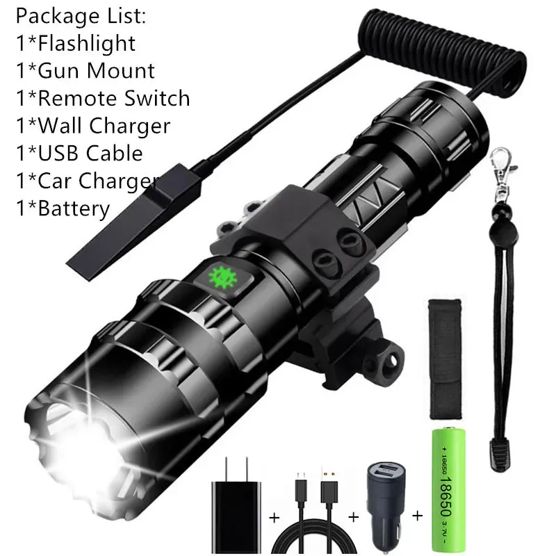 High Lum Professional LED Flashlight for Hunting Tactical Night Scout Lights Set L2 Fish Light USB Rechargeable Waterproof Torch