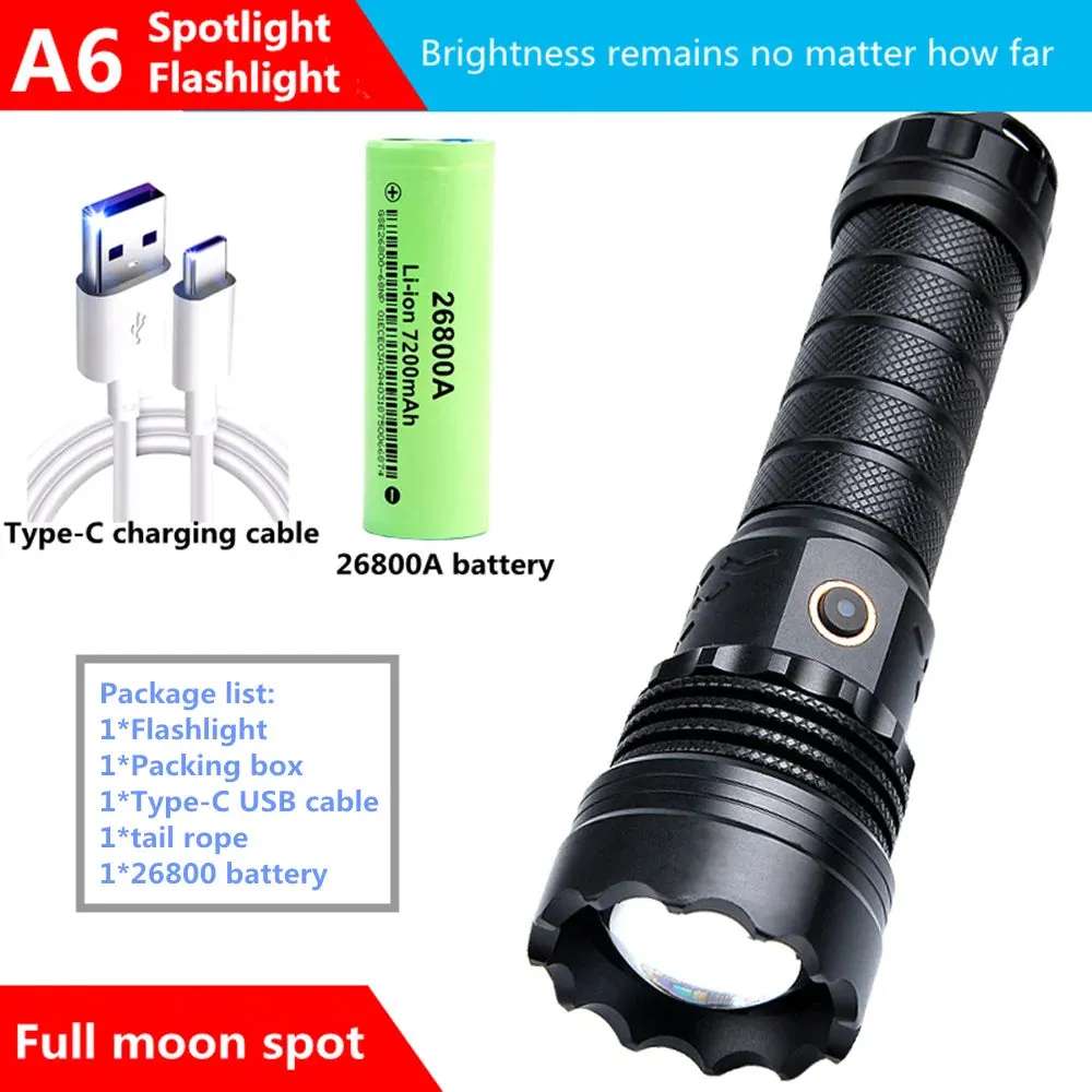 High Power Strong Light Long Range LED Flashlight USB Charging 26800 Lithium Battery Outdoor Telescopic Zoom Long-range Torch