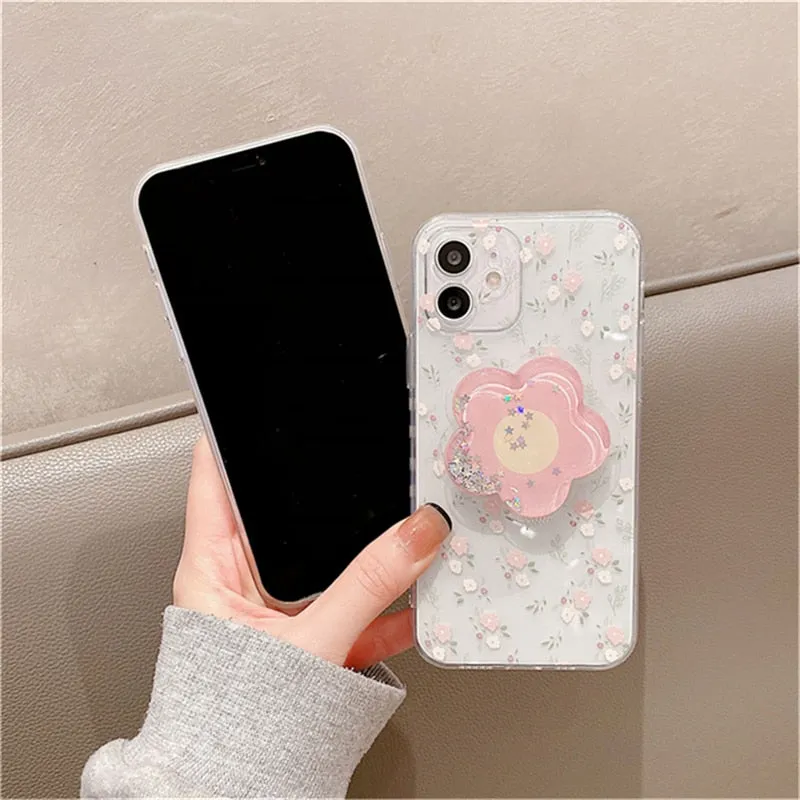 kawaii phone case with a pink flower holder