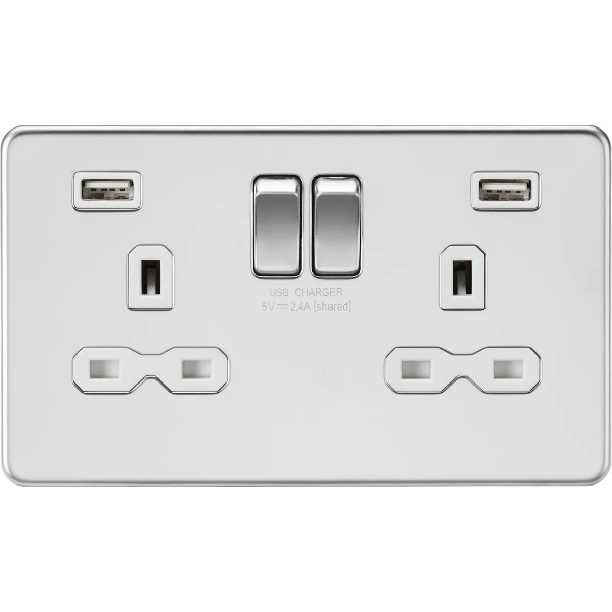 Knightsbridge Screwless 13A 2 Gang 2 USB Port Switched Socket Polished Chrome White Insert