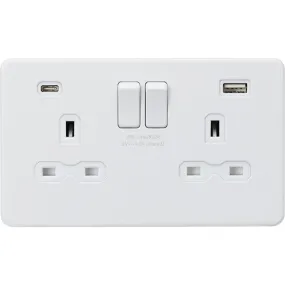 Knightsbridge Screwless 13A 2 Gang Switched Socket Dual USB A C Matt White