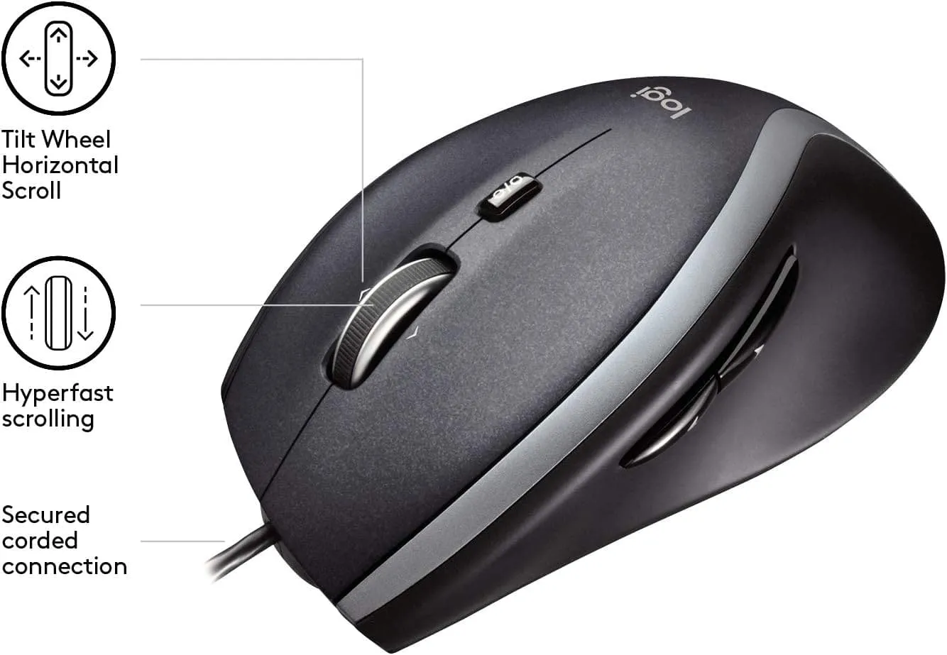 Logitech M500 Wired USB Mouse, High Precision 1000 DPI Laser Tracking, 7 Buttons, PC / Mac / Laptop - Black