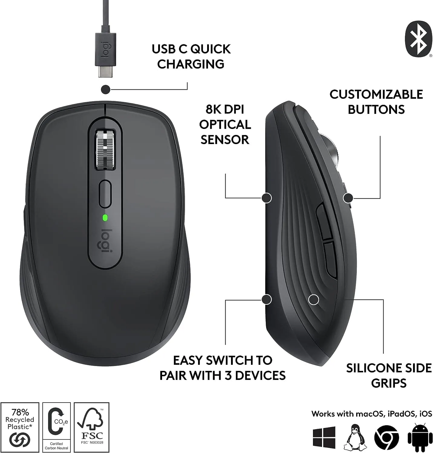 Logitech MX Anywhere 3S Compact Wireless Mouse, Fast Scrolling, 8K DPI Any-Surface Tracking, Quiet Clicks, Programmable Buttons, USB C, Bluetooth, Windows PC, Linux, Chrome, Mac - Graphite