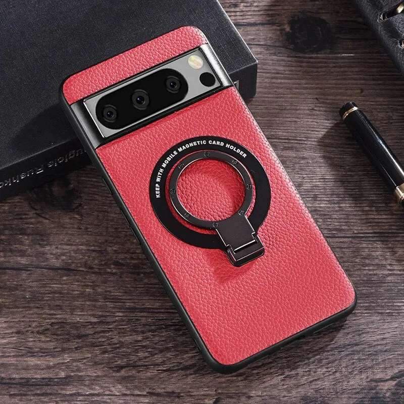 Magnetic Wireless Charging With Ring Holder Leather Phone Case For Google Pixel 8 7