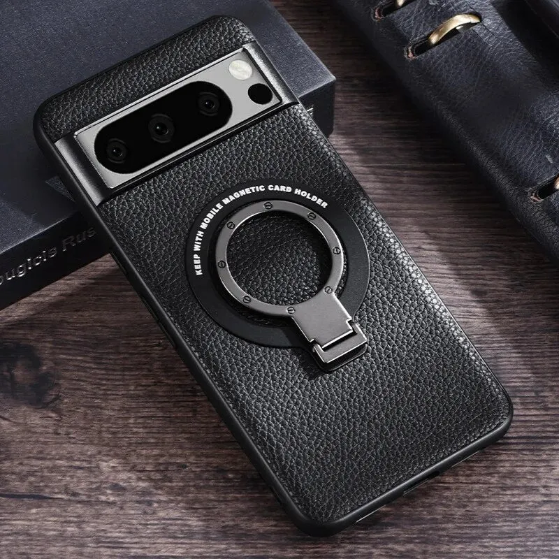 Magnetic Wireless Charging With Ring Holder Leather Phone Case For Google Pixel 8 7