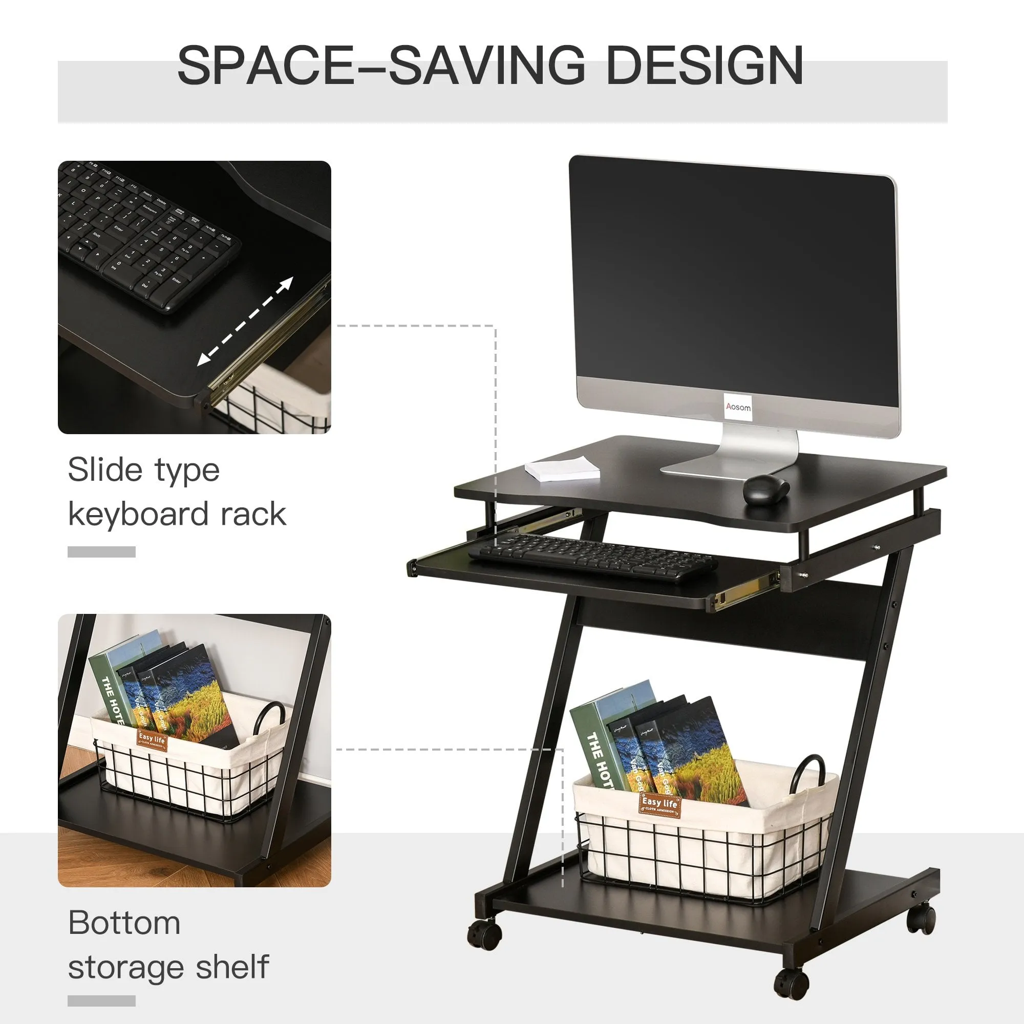 Movable Computer Desk with 4 Moving Wheels Sliding Keyboard Tray Home Office Workstation - Black