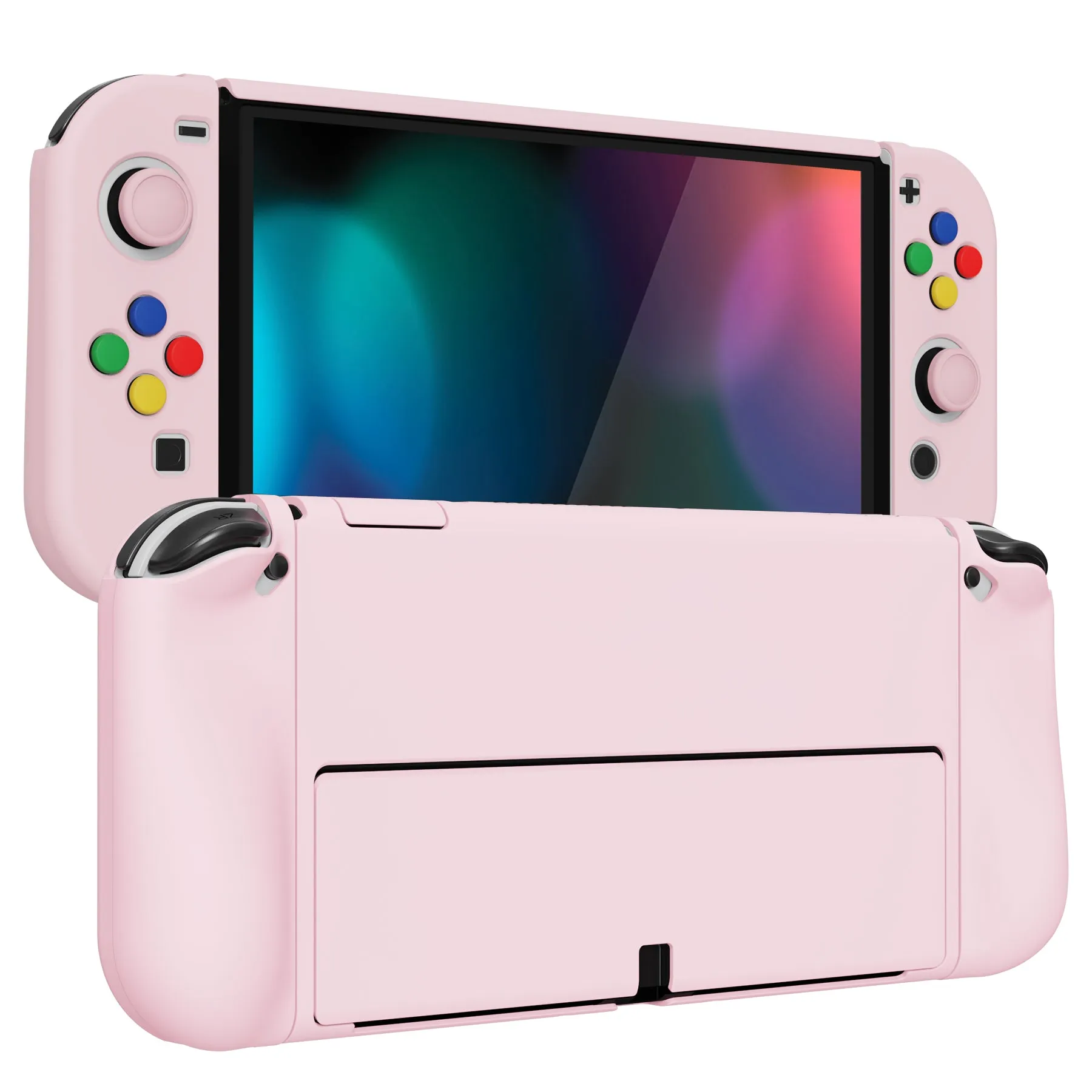 PlayVital AlterGrips Protective Slim Case for Nintendo Switch OLED, Ergonomic Grip Cover for Joycon, Dockable Hard Shell for Switch OLED with Thumb Grip Caps & Button Caps - Cherry Blossoms Pink - JSOYP3007