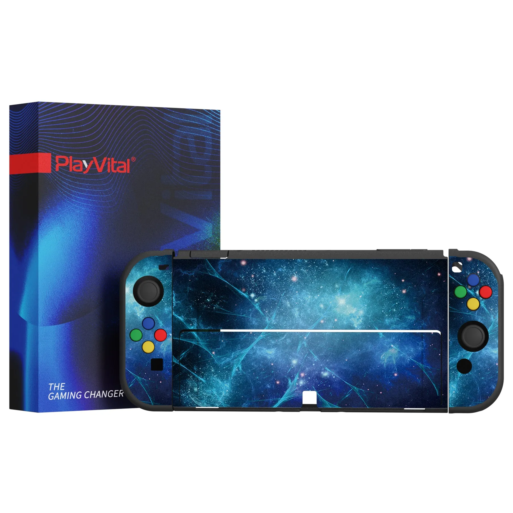 PlayVital ZealProtect Soft Protective Case for Nintendo Switch OLED, Flexible Protector Joycon Grip Cover for Nintendo Switch OLED with Thumb Grip Caps & ABXY Direction Button Caps - Blue Nebula - XSOYV6002