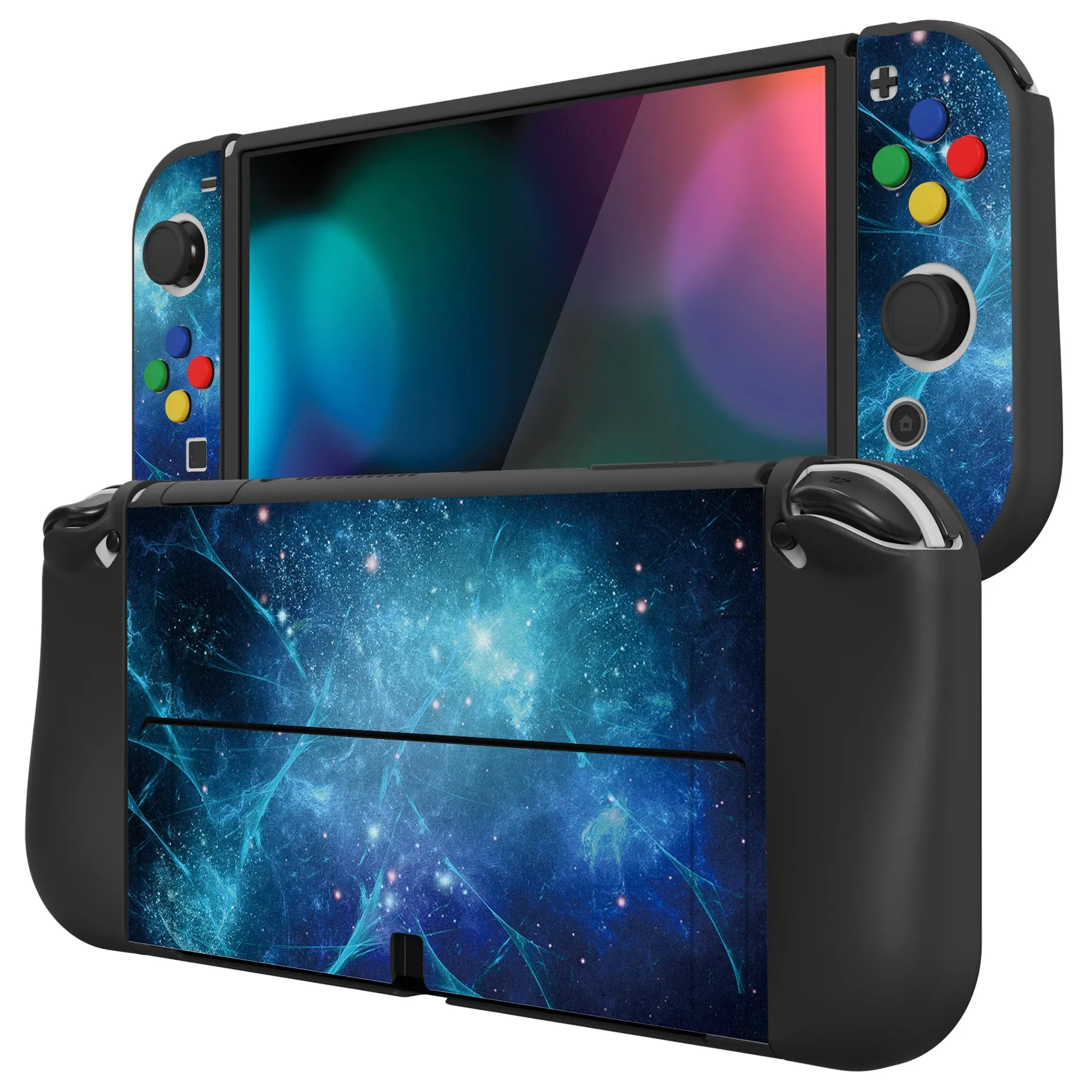 PlayVital ZealProtect Soft Protective Case for Nintendo Switch OLED, Flexible Protector Joycon Grip Cover for Nintendo Switch OLED with Thumb Grip Caps & ABXY Direction Button Caps - Blue Nebula - XSOYV6002