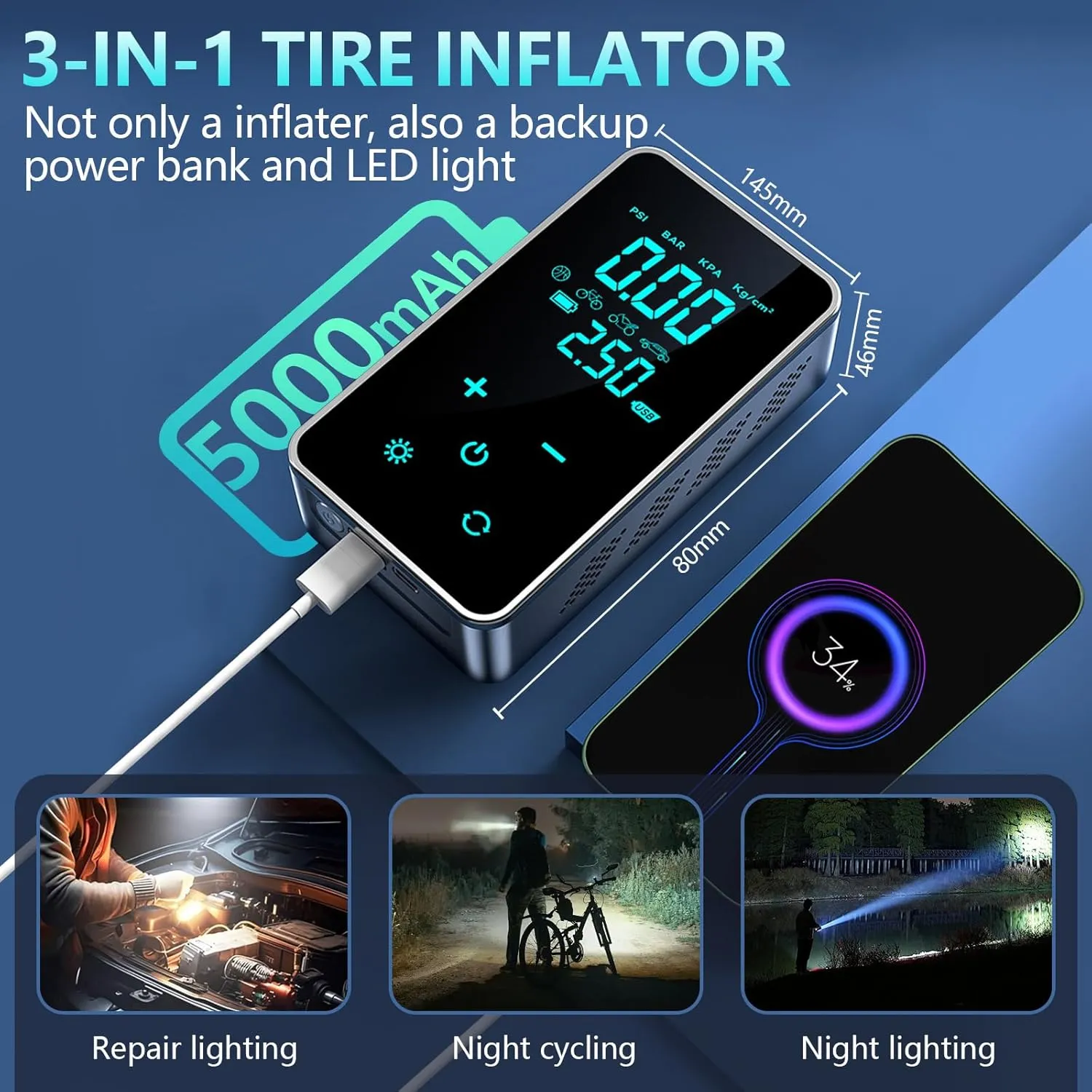 Portable Tire Inflator 150PSI, Cordless Air Compressor with Digital Gauge, LCD Screen for Car, Bike, Motorcycle, Ball